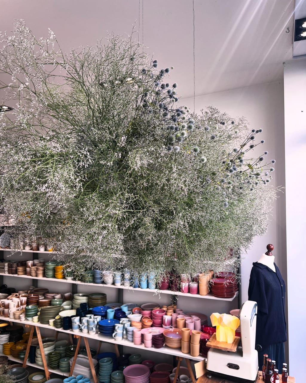 Hängende Wolke aus Strandflieder und Edeldistel über den Keramikregalen im Beleza Concept Store